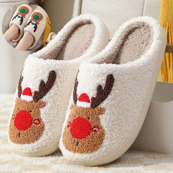 RiniShoppe Christmas Elk Winter Slippers - Front View in Red