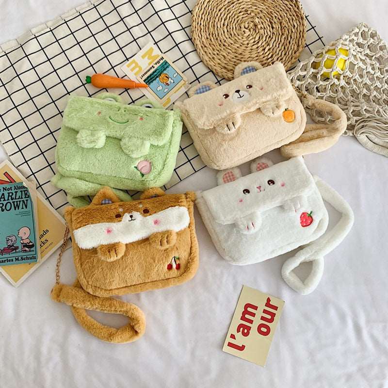 Adorable Cartoon Embroidered Plush Crossbody Bag